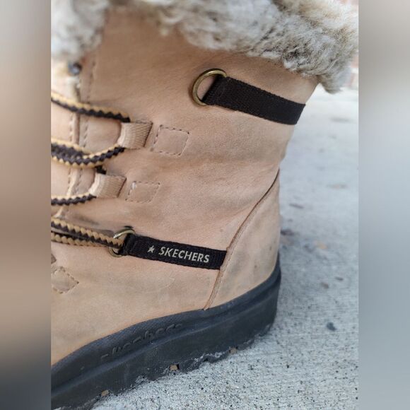 Vintage 90s Chunky Skechers Womens Boots Platform Tan Leather Lace Fur Y2K Sz 7 - Picture 3 of 12